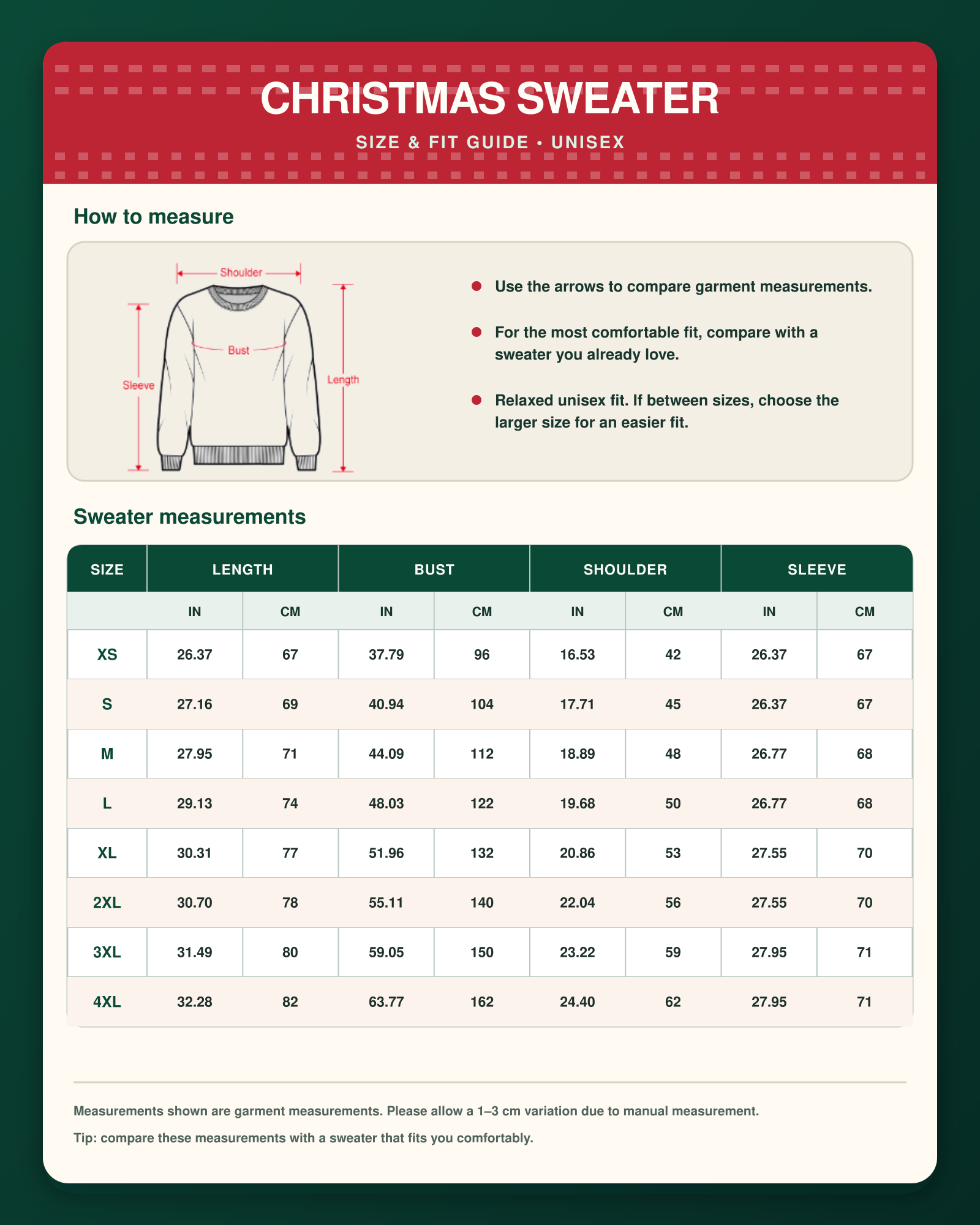 Christmas sweater unisex size chart from XS to 4XL
