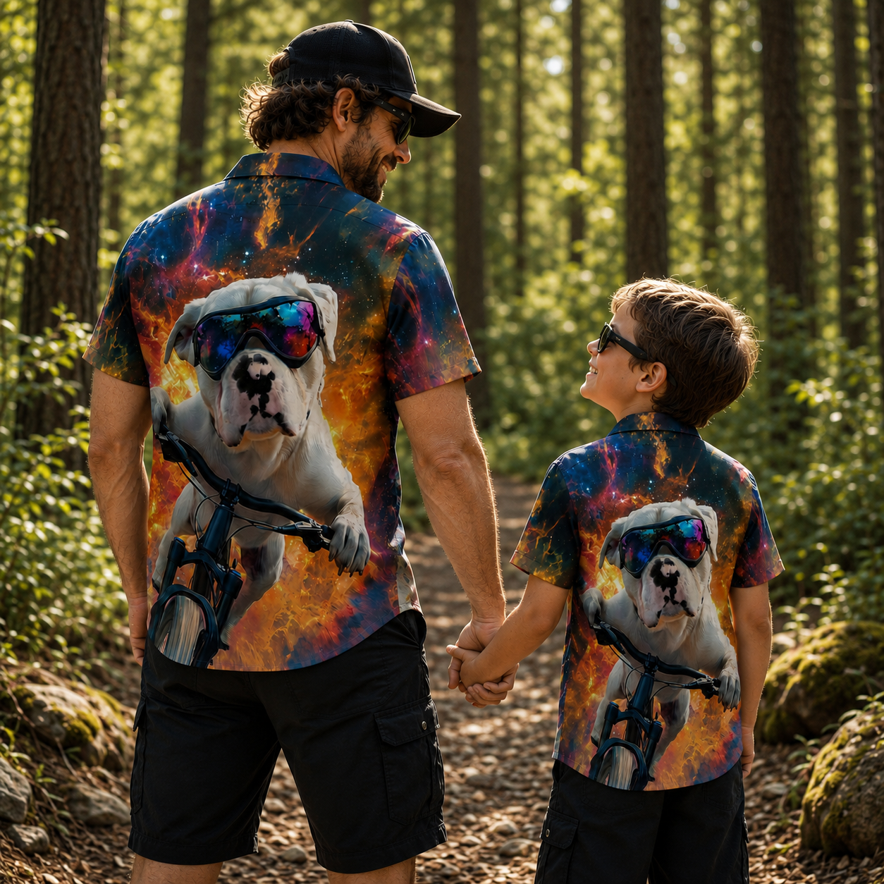 Father and son wearing matching personalized pet bike shirts on a forest trail